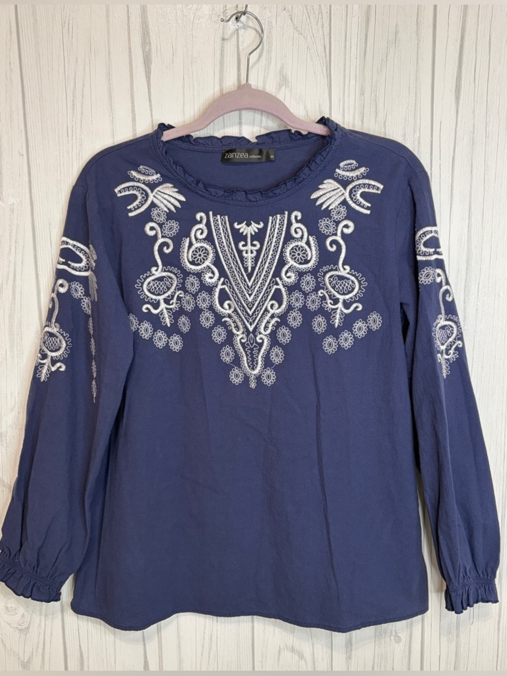 ZANZEA Long-Sleeve‎ Navy & White Boho Embroidered Top, Medium
